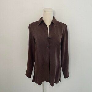Vintage Josephine Chaus Brown Silk Linen Blouse Button Up Womens Size Medium